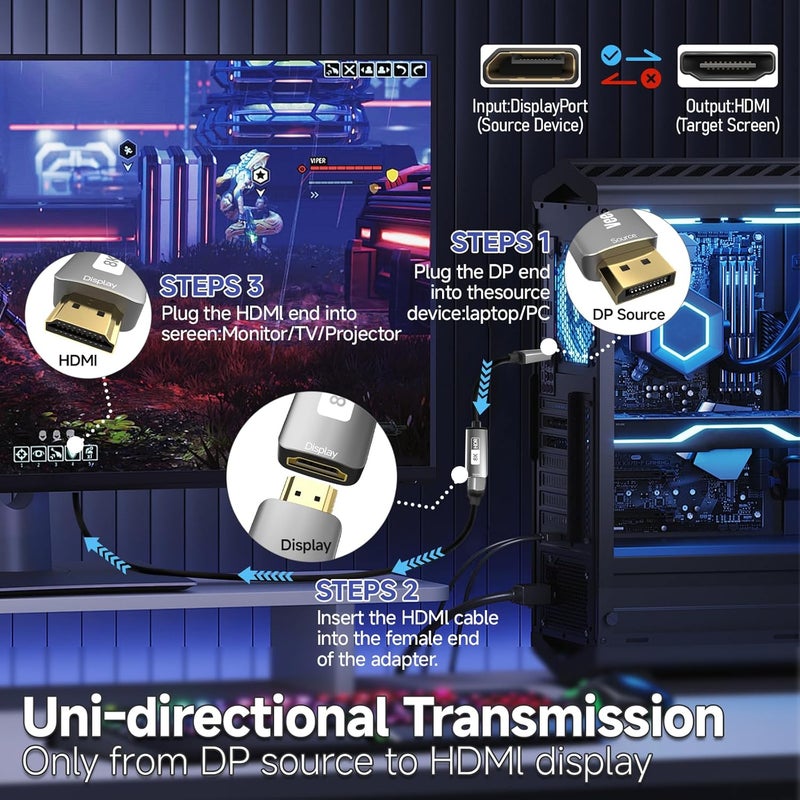 Veecoona DisplayPort 1.4 to HDMI 2.1 Adapter [8K@60Hz, 4K@120Hz] Unidirectional DP Source to HDMI Display Converter Display Port Adapter for PC RTX/AMD Card - Not Work with PS5 - Image 5